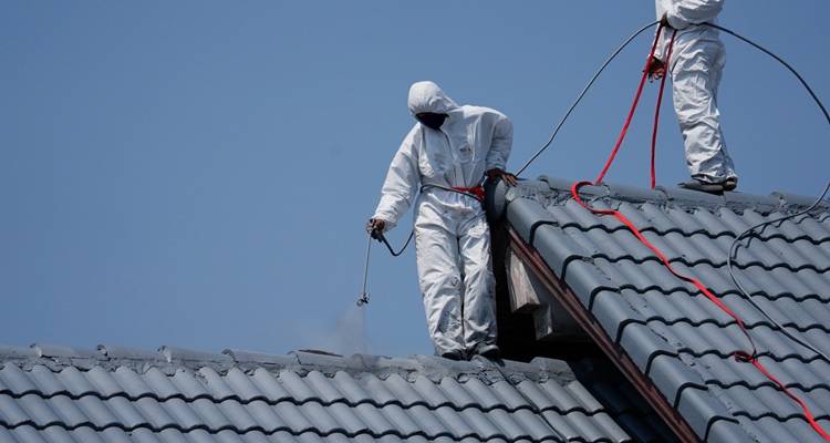 two people suits spraying roof